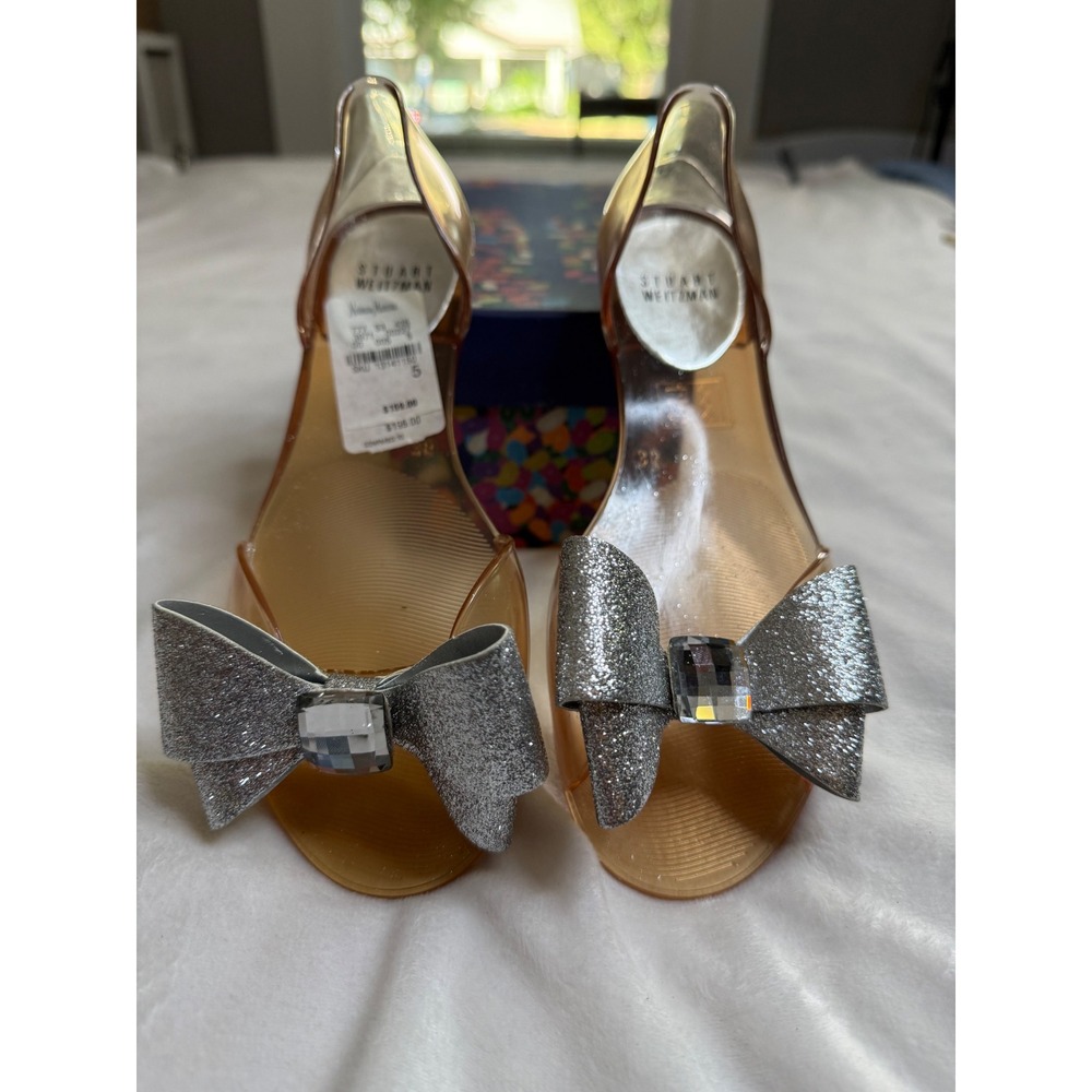 Stuart Weitzman Gemini Clear Jelly Silver Glitter Bow Crystal Flats Shoes 5 35